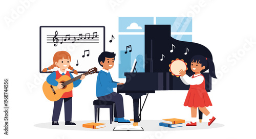 Flat style vector illustration of children learning music with instruments like guitar and piano, joyful classroom activity promoting creativity and artistic education