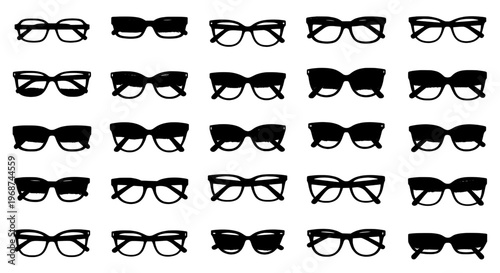 Glasses black vector set with various eyewear styles and shapes on white background featuring sunglasses, spectacles, collection with icon and