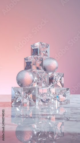 AI Generative Abstract Sculpture with Glass Blocks and Spheres in Soft Pink Background