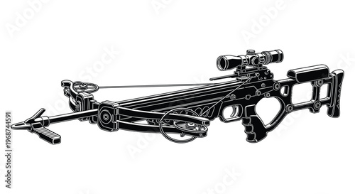 Detailed illustration of a modern crossbow with scope stock and trigger mechanism presented as a striking silhouette high quality professional detailed
