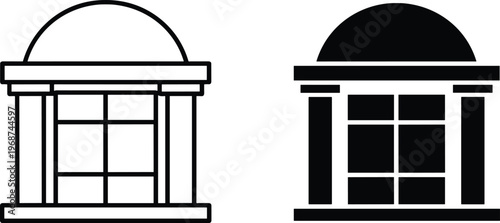 Set of Line Art and Solid Black Silhouette Icons Depicting a Classic Domed Building Pavilion or Government Court House for Architectural and Legal Design Concepts