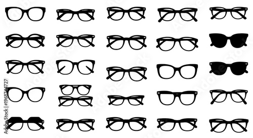 Glasses set with various shapes and styles in black silhouette on white background featuring eyeglasses, sunglasses, spectacles with eye wear and