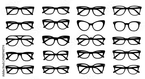Glasses set with various black frames and lenses, including cat eye and rectangular shapes, for fashion and vision correction.