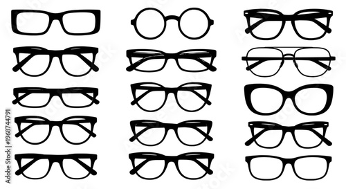 Glasses vector set with various black styles, shapes, and sizes for fashion or prescription use. featuring eyeglasses, spectacles, stylish with