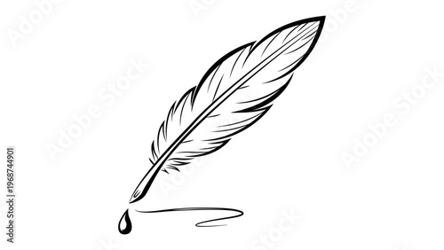 Minimalist black line vector illustration of a hand-drawn feather quill pen with an ink droplet and a signature line, ideal for classic writing, literature, and historical design elements.