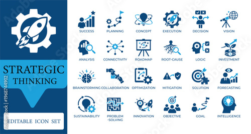 Strategic Thinking and Business Management Icons. Featuring planning, vision, goal achievement, and problem solving symbols. Editable vector set for professional reports.
