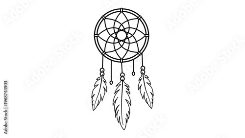 Dreamcatcher minimalist black line vector icon on a white background. Hand-drawn outline illustration of a traditional Native American dream catcher with feathers and web. Scalable SVG design.