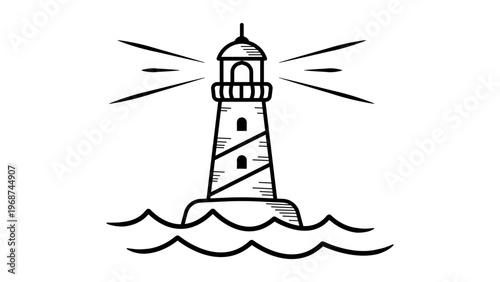 Minimalist black line vector icon of a lighthouse beacon standing in ocean waves, hand-drawn sketchy style illustration on white background, scalable SVG for nautical and maritime design.
