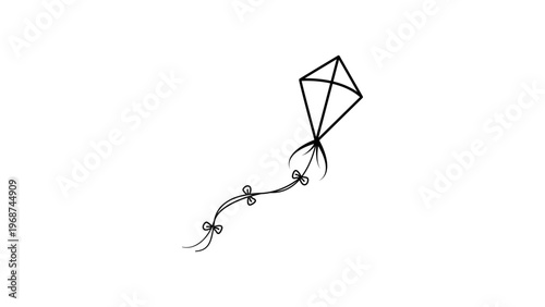 Foto Minimalist hand-drawn black line vector icon of a diamond-shaped kite with a long tail and bows, isolated on a white background