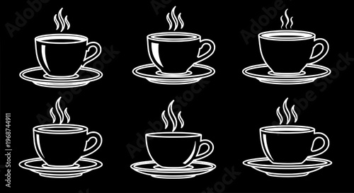 Cups coffee icon set with steam rising, white line art on black background, six hot beverage illustrations