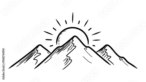 Minimalist black line vector illustration of mountain peaks with a rising sun on a white background. Hand-drawn sketchy style icon representing nature, travel, adventure, and outdoor landscape.