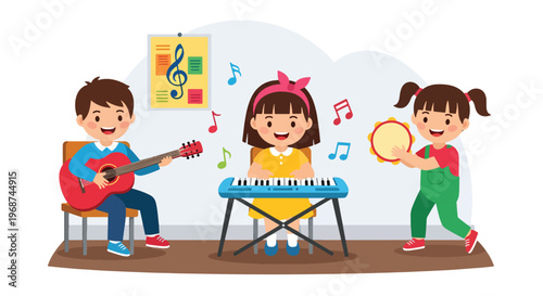 Flat style vector illustration of children learning music with instruments like guitar and piano, joyful classroom activity promoting creativity and artistic education