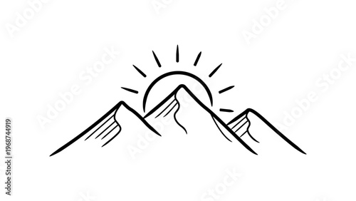 Fotografía Minimalist black line vector icon of mountain peaks with a rising sun, hand-drawn illustration on a white background, scalable graphic for nature, travel, adventure, and outdoor branding designs