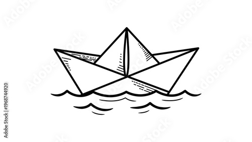 Foto Minimalist black line vector icon of a folded paper boat floating on water waves, hand-drawn sketch style illustration on a white background, clean scalable graphic for web and print design