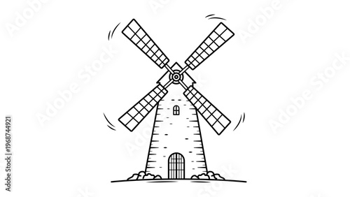 Traditional windmill vector icon illustration, minimalist black line art on white background. Hand-drawn sketch of a classic rural mill with rotating sails, perfect for rustic or green design.