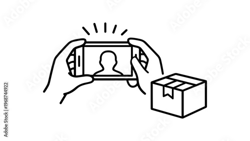 User Generated Content UGC Vector Icon Illustration: Minimalist Black Line Art of Hands Holding a Smartphone Taking a Photo or Video of a Delivery Box for Social Media Marketing and Reviews.