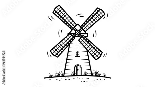 Minimalist black line vector icon illustration of a traditional stone windmill with rotating sails, hand-drawn sketchy style on a white background, perfect for rural, farming, and energy designs.