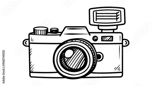 Minimalist hand-drawn vintage film camera vector icon with flash. Clean black line art illustration of a retro analog camera on white background. Scalable outline design for photography and art.