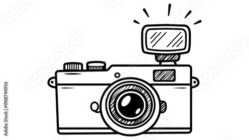 Vintage retro film camera with external flash unit, minimalist black line vector icon illustration on white background, hand-drawn sketch style for photography, hobby, and creative graphic design.