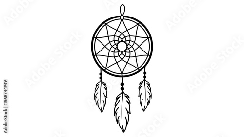 Minimalist black line vector icon of a dreamcatcher with intricate webbing and hanging feathers, hand-drawn outline illustration isolated on white background for spiritual and boho decor.