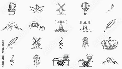Hand-Drawn Vector Icon Set of 20 Minimalist Black Line Illustrations: Cactus, Dreamcatcher, Vintage Camera, Crown, Quill Pen, Kite, Hot Air Balloon, Lighthouse, Paper Boat, Mountains, Music, Windmill