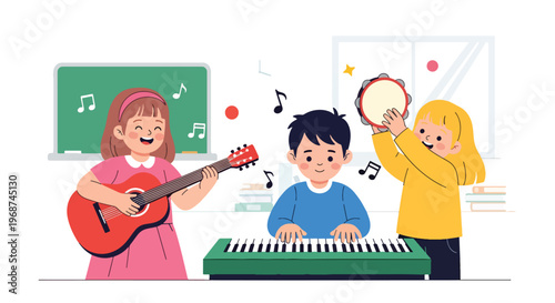 Flat style vector illustration of children learning music with instruments like guitar and piano, joyful classroom activity promoting creativity and artistic education