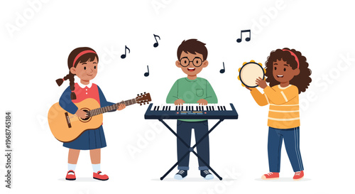 Flat style vector illustration of children learning music with instruments like guitar and piano, joyful classroom activity promoting creativity and artistic education