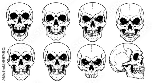 Skulls set with different facial expressions and black outlines on white background featuring skull, human skull, outline with line art and