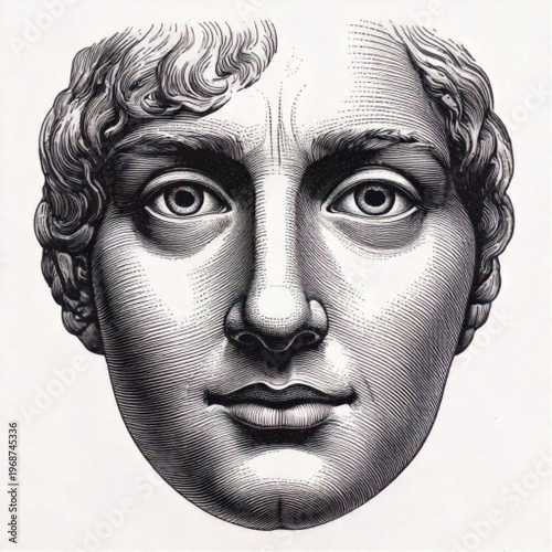 Detailed Engraving of a Young Mans Face.
