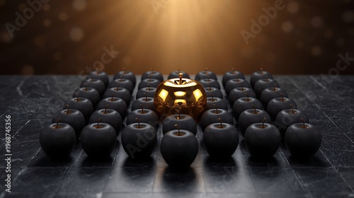 AI Generative Artistic Arrangement of Glowing Black and Gold Apples with Dramatic Lighting
