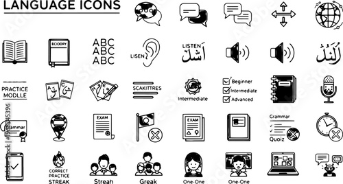 Black and white language icons.