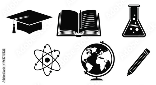 Educational icons including a graduation cap open book flask globe and pen in a stark silhouette high quality professional detailed modern
