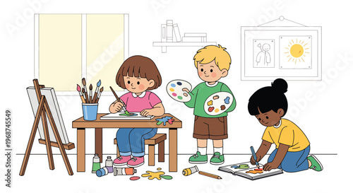 Flat style vector illustration of children painting with brushes and colors in art class, expressing creativity and imagination in school learning environment