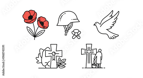 A vector graphic illustration of Remembrance Day symbols including poppies, helmet, dove, and crosses