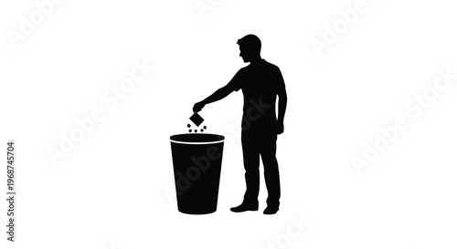 A man in a dark silhouette is shown discarding waste into a trash receptacle on a white background high quality professional