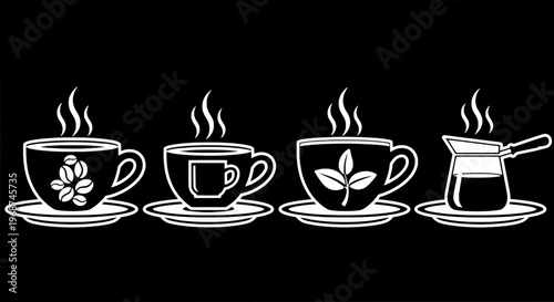 Cups coffee icon set with steam rising from black and white designs on saucers featuring leaves, pot, morning drink with hot beverage and cafe