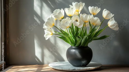 White tulips in a dark vase on a marble coaster, sunlight.