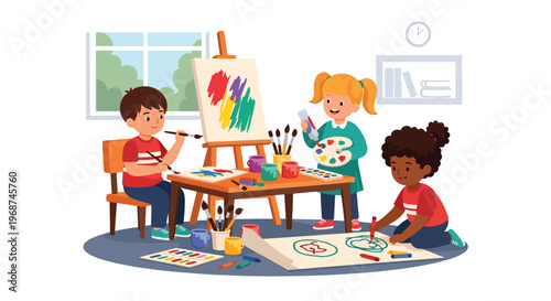 Flat style vector illustration of children painting with brushes and colors in art class, expressing creativity and imagination in school learning environment