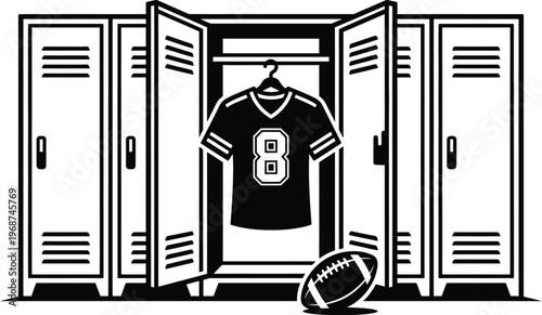Football jersey and ball in open locker with closed lockers