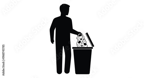 A person discarding crumpled paper into a waste bin depicted in a stark black silhouette high quality professional detailed modern elegant