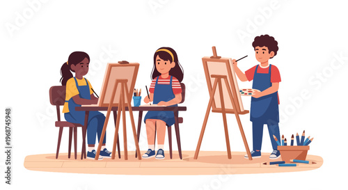 Flat style vector illustration of children painting with brushes and colors in art class, expressing creativity and imagination in school learning environment