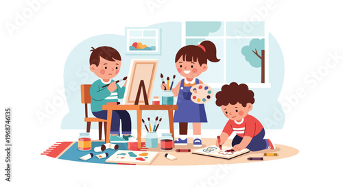 Flat style vector illustration of children painting with brushes and colors in art class, expressing creativity and imagination in school learning environment