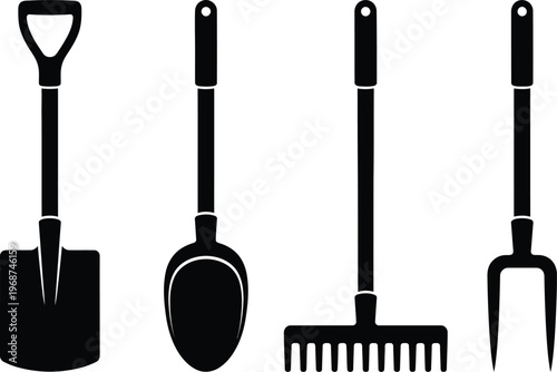 Vector graphic illustration of four gardening tools including a shovel, scoop, rake, and fork on a white background for landscaping and yard work.