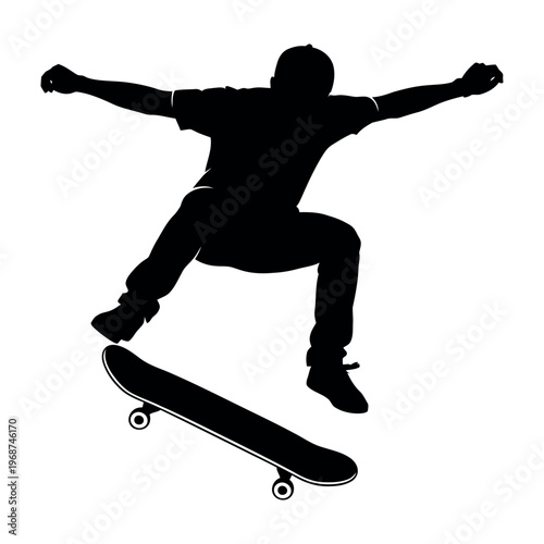 Dynamic black silhouette of a skateboarder performing an impressive jump trick
