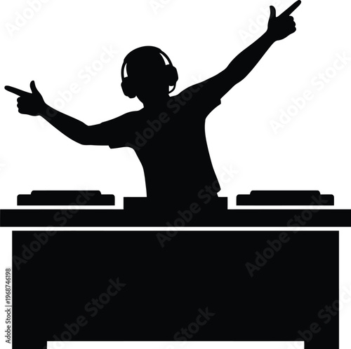 Black silhouette of a DJ wearing headphones and operating a turntable with arms raised in a lively music performance setting with energetic gestures