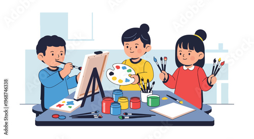 Flat style vector illustration of children painting with brushes and colors in art class, expressing creativity and imagination in school learning environment