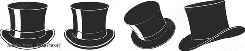 Four black and white silhouette of classic hats in different tilted and upright positions showcasing their cylindrical shape and brim