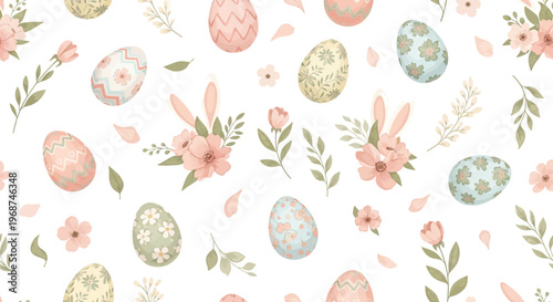 Delicate, flat lay vector illustration of a spring floral Easter pattern set featuring colorful eggs, bunny ears, and rose flowers scattered across a light background, creating a whimsical