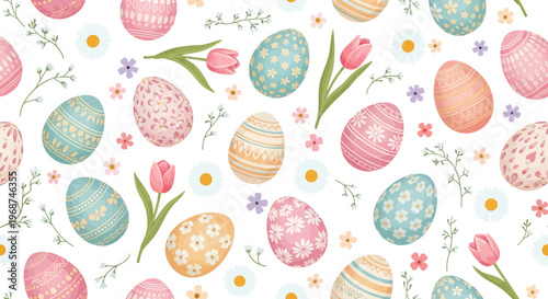 A pastel-colored spring floral Easter pattern set featuring scattered decorative eggs and blooming flowers is presented as a vector illustration ideal for wrapping paper and textile design