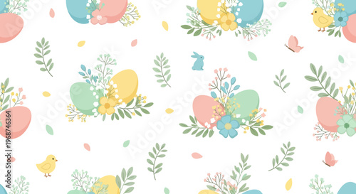 A charming Easter seamless pattern features colorful eggs and delicate floral accents scattered across a clean white background, creating a cheerful and festive design